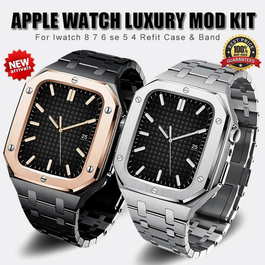Luxury Modification Mod Kit for Apple Watch – Metal Bezel Frame with Strap for 45mm, 44mm, 41mm (Series 6, 7, 8, SE) - Wearable Upgrades