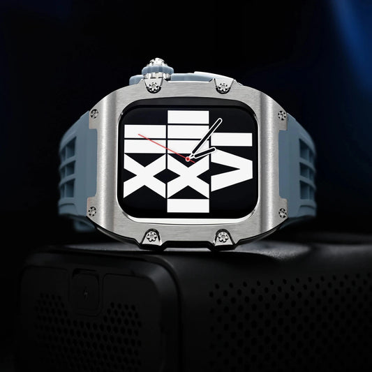 Luxury Stainless Steel Case Modification Kit for Apple Watch – Compatible with 45mm & 44mm (Series 4, 5, 6, 7, 8, 9, SE) with Rubber Strap - Wearable Upgrades