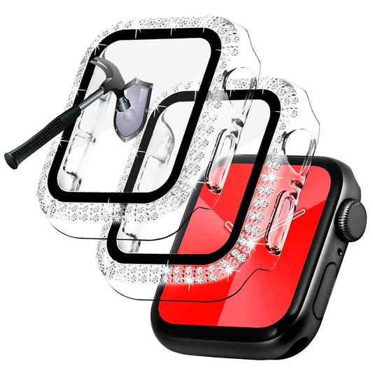 Bling Diamond Apple Watch Cover with Tempered Glass Screen Protector – Stylish & Protective, Compatible with Apple Watch Series 5, 6, 7, 8, 9, SE (40mm, 41mm, 44mm, 45mm) - Wearable Upgrades