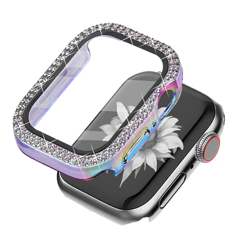 Bling Diamond Apple Watch Cover with Tempered Glass Screen Protector – Stylish & Protective, Compatible with Apple Watch Series 5, 6, 7, 8, 9, SE (40mm, 41mm, 44mm, 45mm) - Wearable Upgrades