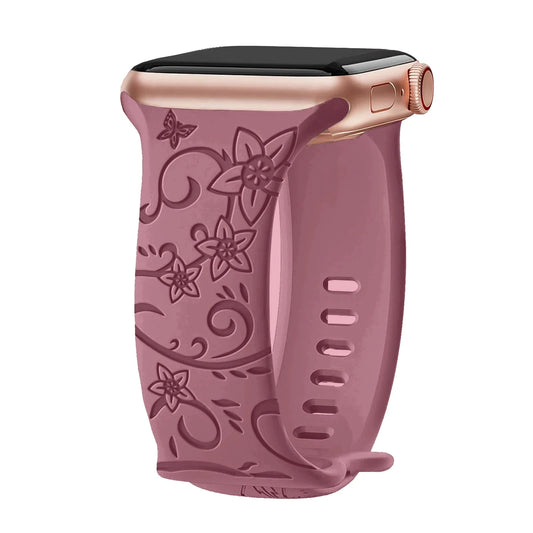 Engraved Floral Apple Watch Band, Compatible with 38mm–49mm Apple Watch (Series 1–9, SE, Ultra, Ultra 2) - Wearable Upgrades
