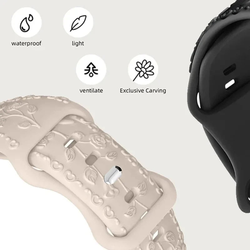 Floral Engraved Silicone Apple Watch Band – Stylish & Durable, Compatible with Apple Watch Series 1–9, Ultra & SE (38mm, 40mm, 41mm, 42mm, 44mm, 45mm, 49mm) - Wearable Upgrades