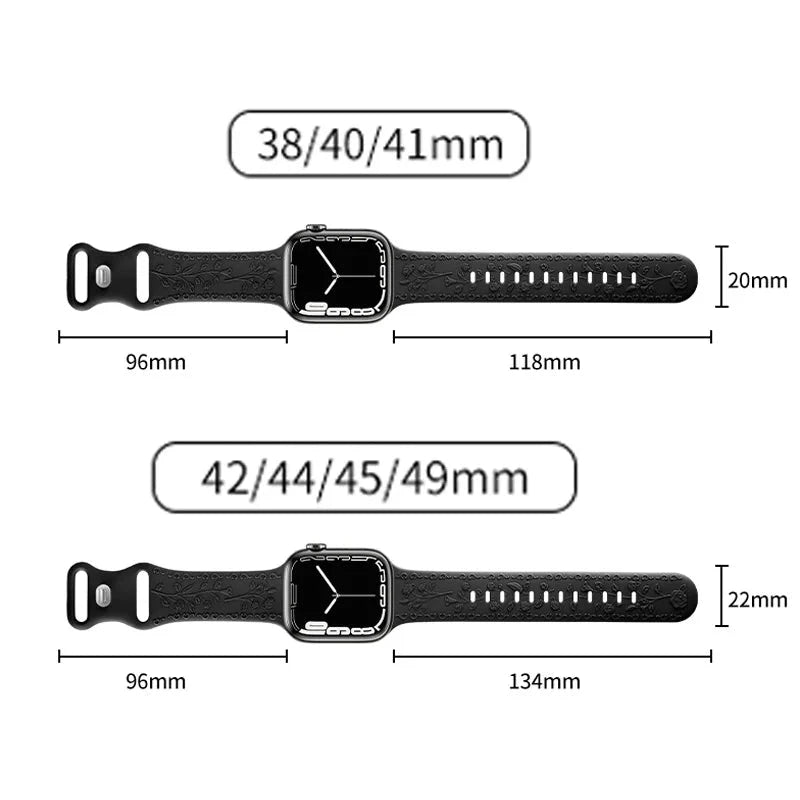 Floral Engraved Silicone Apple Watch Band – Stylish & Durable, Compatible with Apple Watch Series 1–9, Ultra & SE (38mm, 40mm, 41mm, 42mm, 44mm, 45mm, 49mm) - Wearable Upgrades