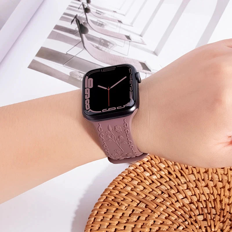 Floral Engraved Silicone Apple Watch Band – Stylish & Durable, Compatible with Apple Watch Series 1–9, Ultra & SE (38mm, 40mm, 41mm, 42mm, 44mm, 45mm, 49mm) - Wearable Upgrades