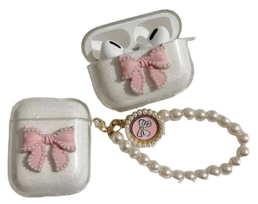 Sparkling Pink Pearl Bow Case with Hook Cover for AirPods – Shockproof & Protective Wireless Earphone Case for AirPods 1, 2, 3, Pro 2 - Wearable Upgrades