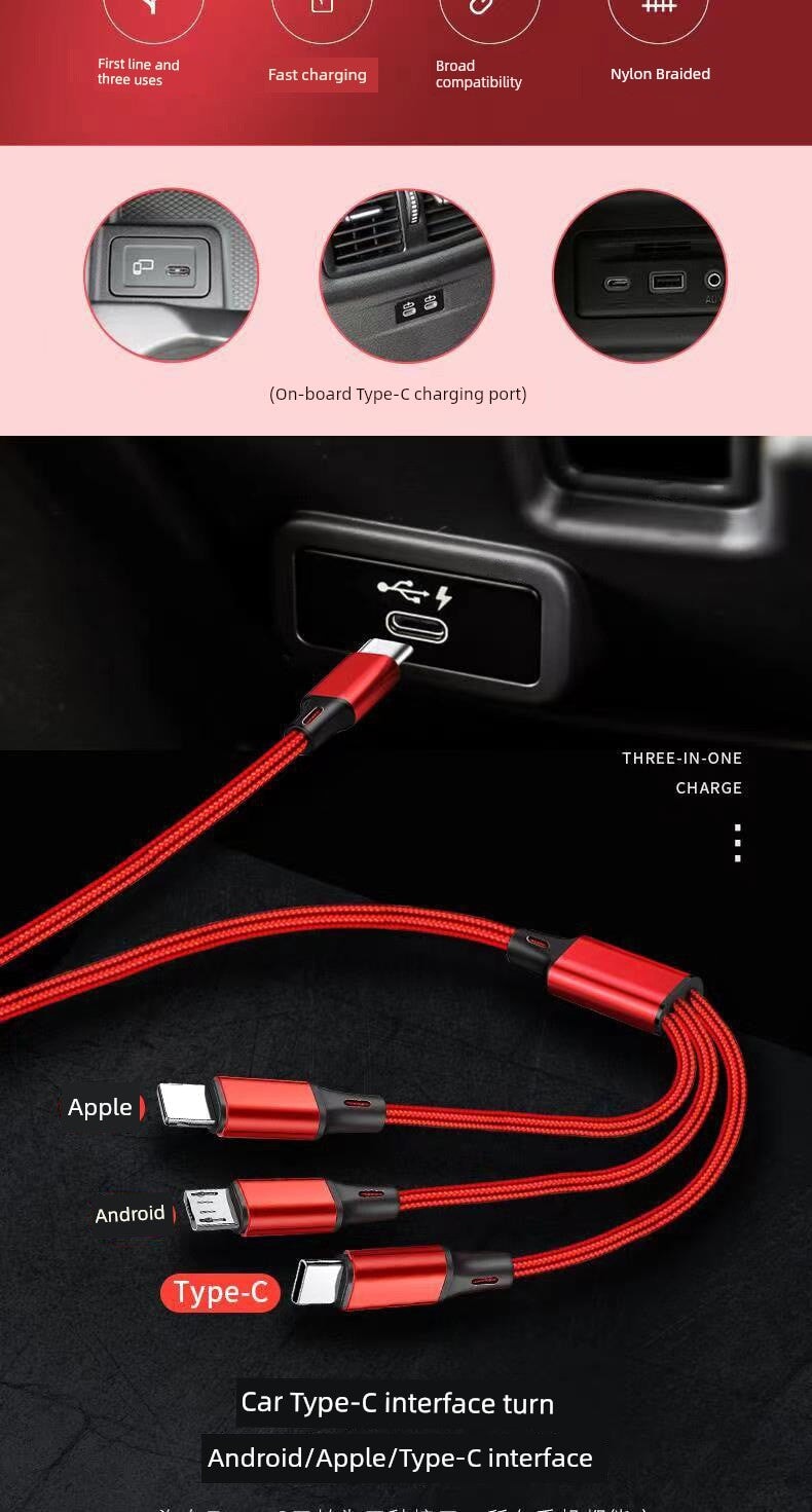 PD One Drag Three Neutral Multi-Head Data Cable – Compatible with Mercedes-Benz and BMW Devices (Micro USB, Type-C, Apple Lightning) - Wearable Upgrades 