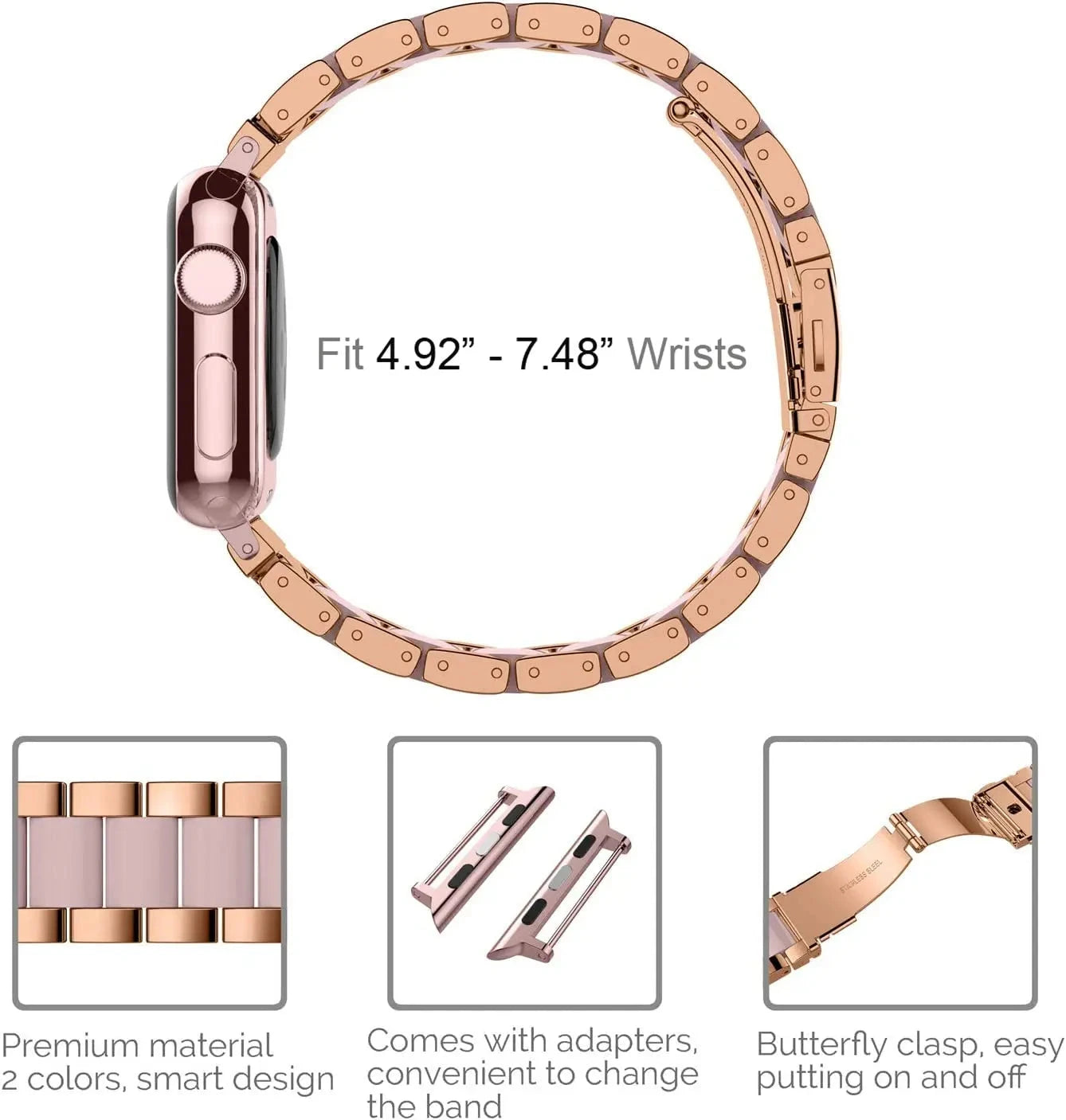 Stainless Steel & Resin Apple Watch Band with Bracelet Design – Compatible with 38mm, 40mm, 41mm, 42mm, 44mm, 45mm, 49mm (Series 1, 2, 3, 4, 5, 6, 7, 8, 9, SE, Ultra, Ultra 2) - Wearable Upgrades 