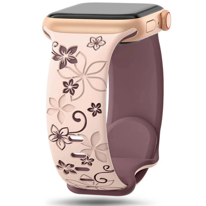 Engraved Silicone Apple Watch Band, Floral Pattern – Compatible with Apple Watch Series 1-9, SE, Ultra, Ultra 2 (38mm-49mm) - Wearable Upgrades 