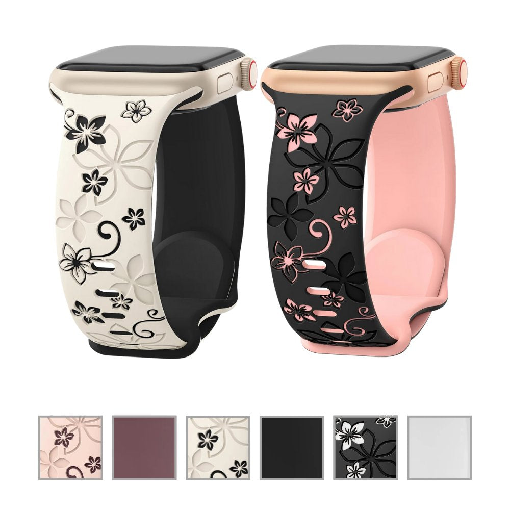 Engraved Silicone Apple Watch Band, Floral Pattern – Compatible with Apple Watch Series 1-9, SE, Ultra, Ultra 2 (38mm-49mm) - Wearable Upgrades 