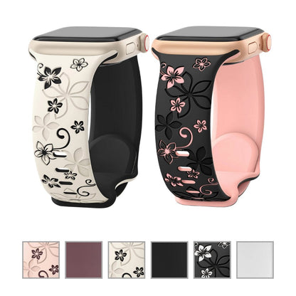 Engraved Silicone Apple Watch Band, Floral Pattern – Compatible with Apple Watch Series 1-9, SE, Ultra, Ultra 2 (38mm-49mm) - Wearable Upgrades 