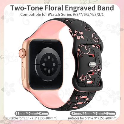 Engraved Silicone Apple Watch Band, Floral Pattern – Compatible with Apple Watch Series 1-9, SE, Ultra, Ultra 2 (38mm-49mm) - Wearable Upgrades 