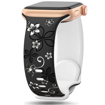 Engraved Silicone Apple Watch Band, Floral Pattern – Compatible with Apple Watch Series 1-9, SE, Ultra, Ultra 2 (38mm-49mm) - Wearable Upgrades 