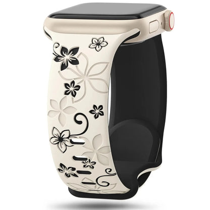 Engraved Silicone Apple Watch Band, Floral Pattern – Compatible with Apple Watch Series 1-9, SE, Ultra, Ultra 2 (38mm-49mm) - Wearable Upgrades 