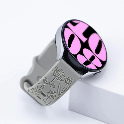 Floral Engraved Silicone Band for Samsung Galaxy Watch – Compatible with Galaxy Watch 6, 5, 4, Gear, Active 2, 5 Pro, Classic, and 18mm, 20mm, 22mm Sizes - Wearable Upgrades 