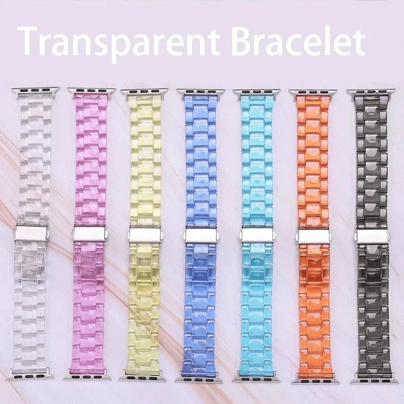 Transparent Resin Apple Watch Band with Stainless Steel Buckle, Compatible with Apple Watch Series 1-8, SE, and Ultra (38mm, 40mm, 41mm, 42mm, 44mm, 45mm, 49mm) - Wearable Upgrades 