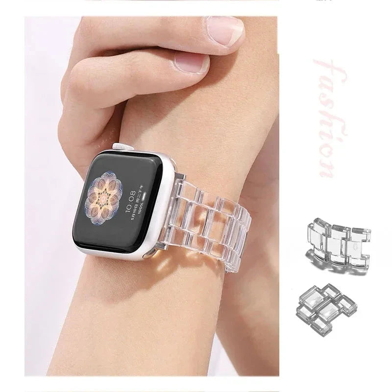 Transparent Resin Apple Watch Band with Stainless Steel Buckle, Compatible with Apple Watch Series 1-8, SE, and Ultra (38mm, 40mm, 41mm, 42mm, 44mm, 45mm, 49mm) - Wearable Upgrades 